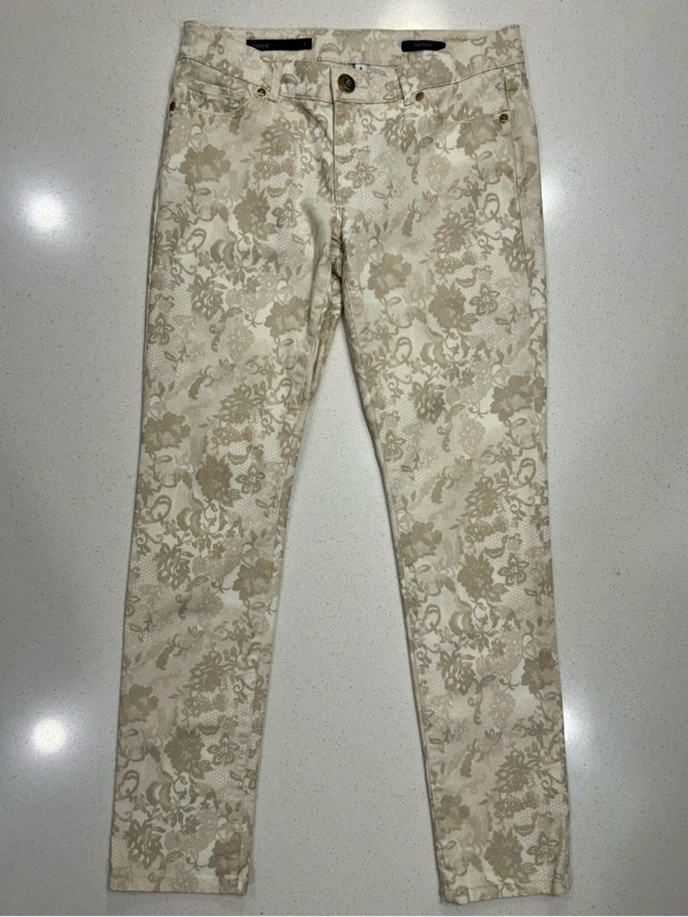 Cache Women’s Beige Floral Jacquard Skinny Jeans Size